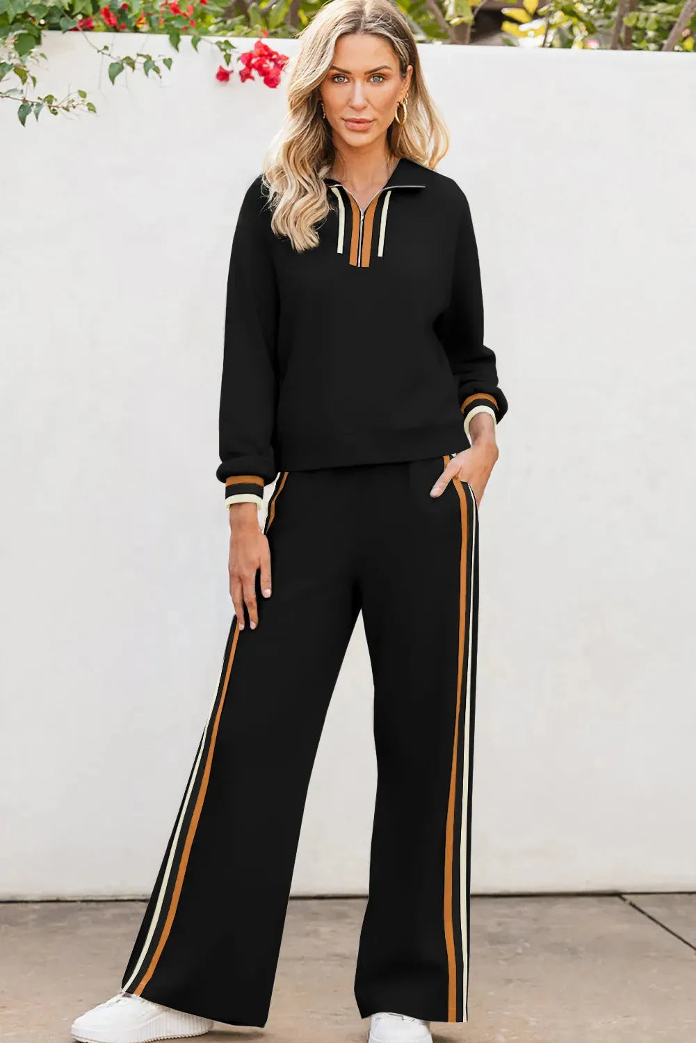 Black striped patchwork quarter zip pullover and loose trousers loungewear set on model