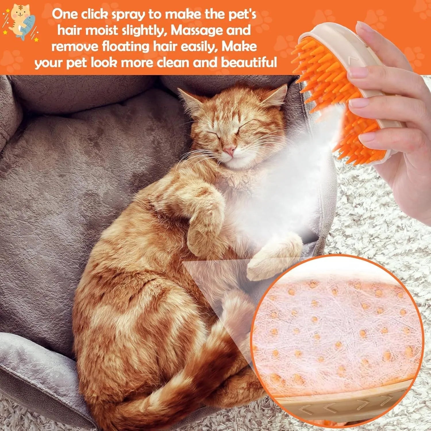 Yellow 4-in-1 cat steam brush with silicone teeth, water tank, and UV lamp for pet grooming.
