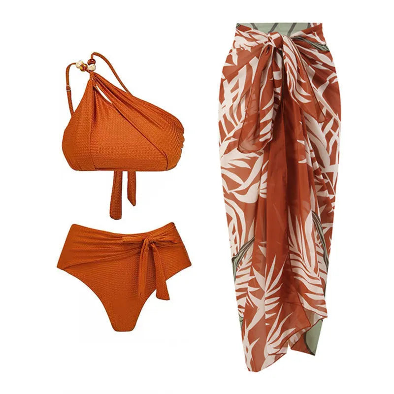 Women's high waist push up bikini swimsuit with chiffon dress in black, brown, or green.