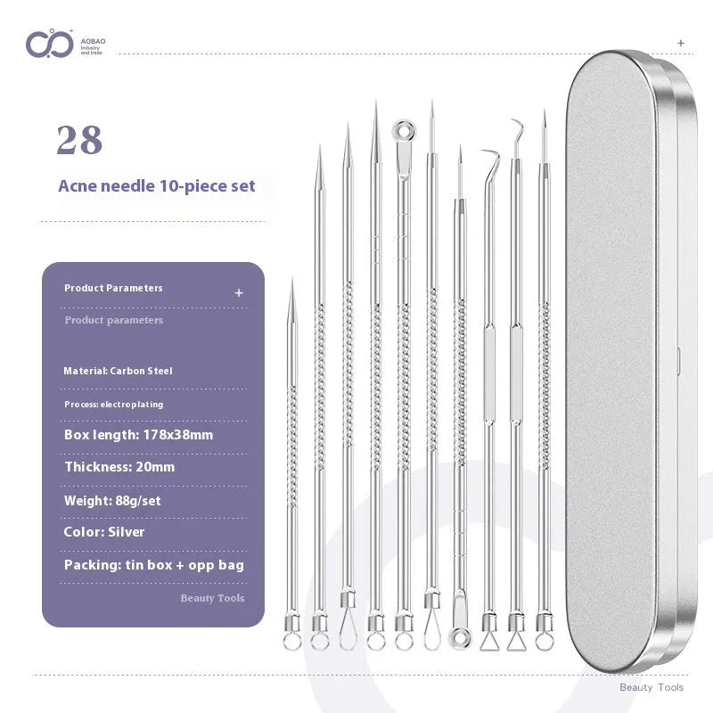 Four silver metal acne needles with ultra-fine pointed tips for skincare extraction.