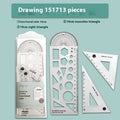 Youpai transparent acrylic drawing ruler set showing protractor and triangles on a blueprint.