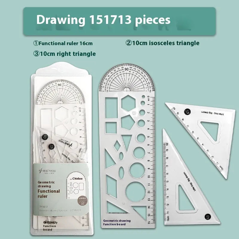 Youpai transparent acrylic drawing ruler set showing protractor and triangles on a blueprint.