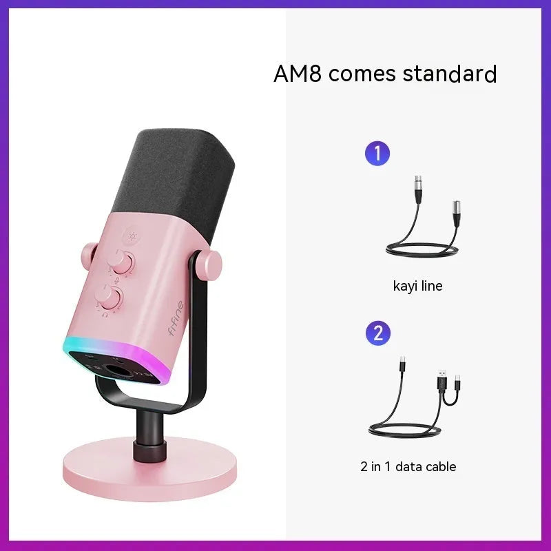 Dynamic noise reduction microphone in black, pink or white with XLR cable and desktop base