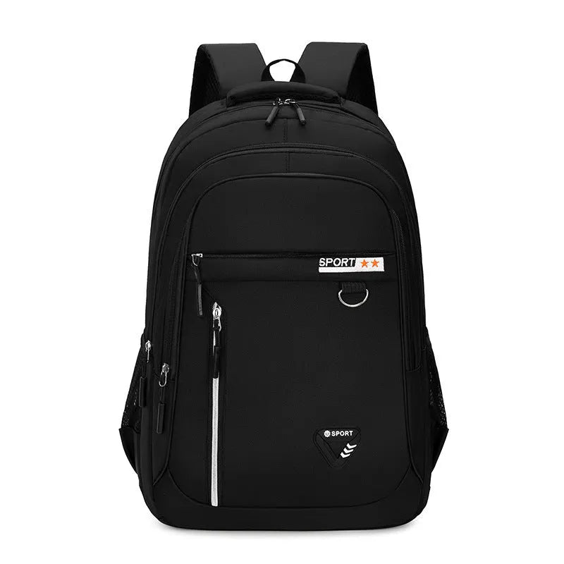 Men's Oxford cloth schoolbag in black with letter pattern, showing large capacity and air pillow shoulder straps.