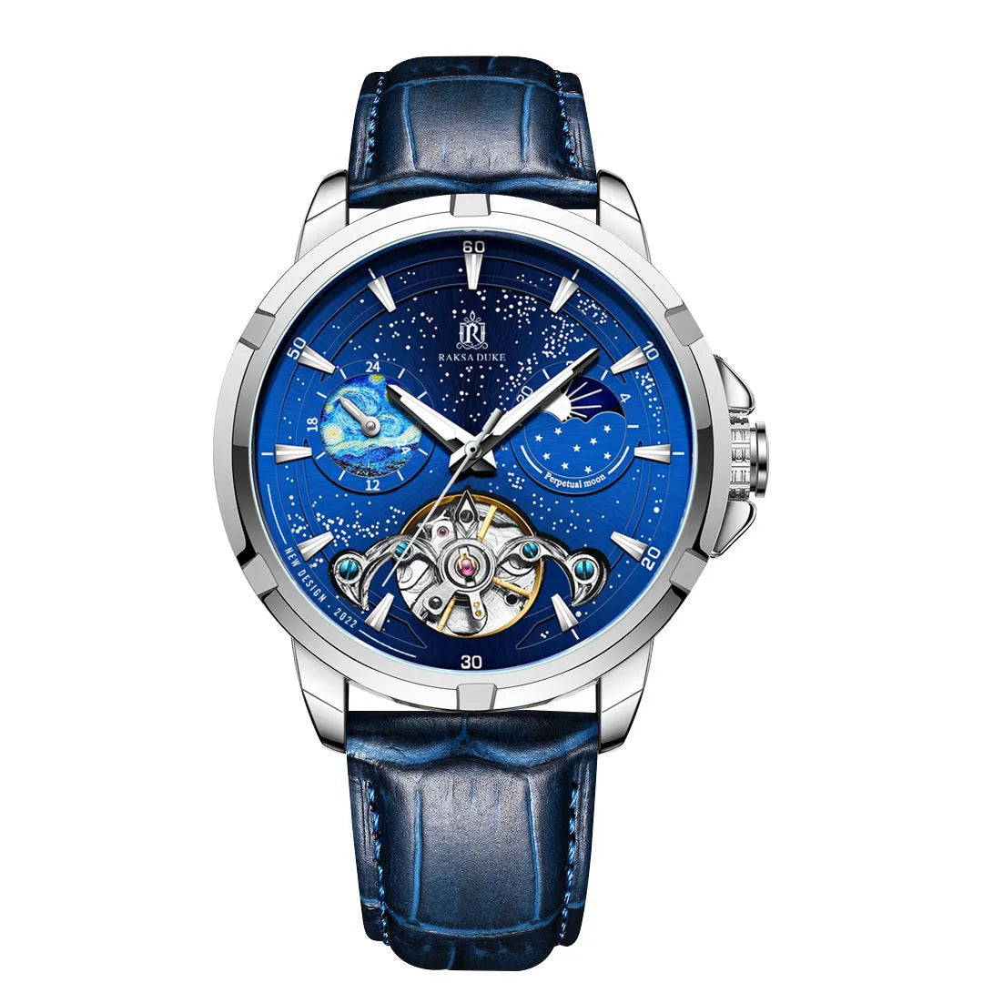 Men's blue automatic mechanical watch with exhibition back showing movement