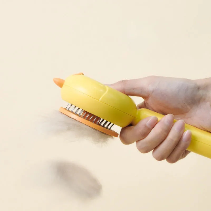 Purple self-cleaning pet grooming brush with stainless steel bristles