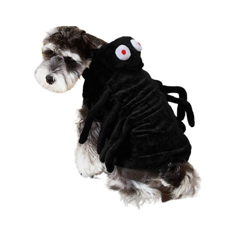 Dog wearing a black and red polyester Halloween costume with a full-body spider print.