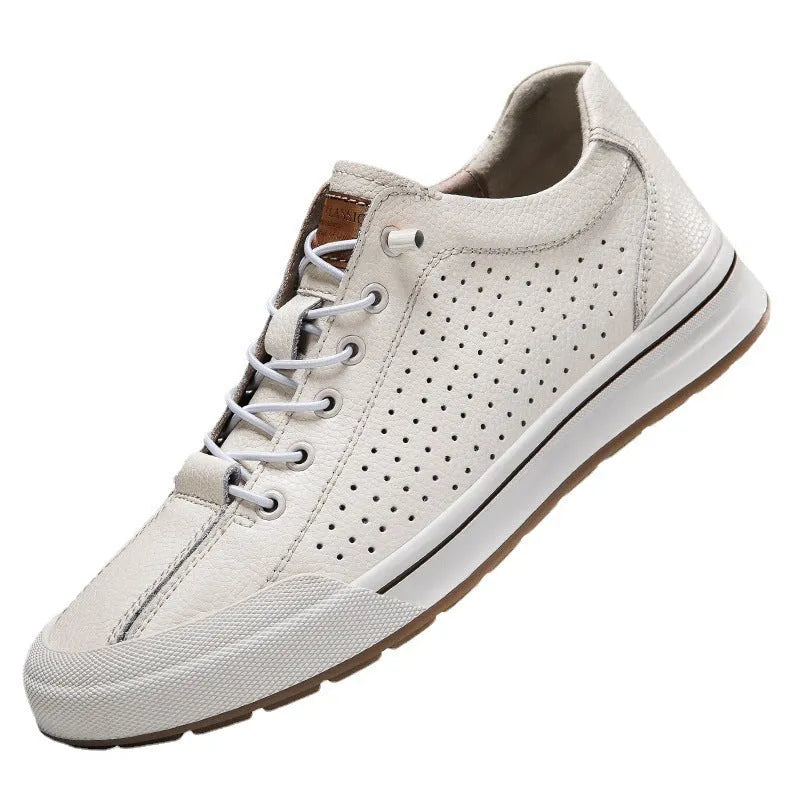 Men's white matte leather casual shoes with flat heel and round toe on a solid background.