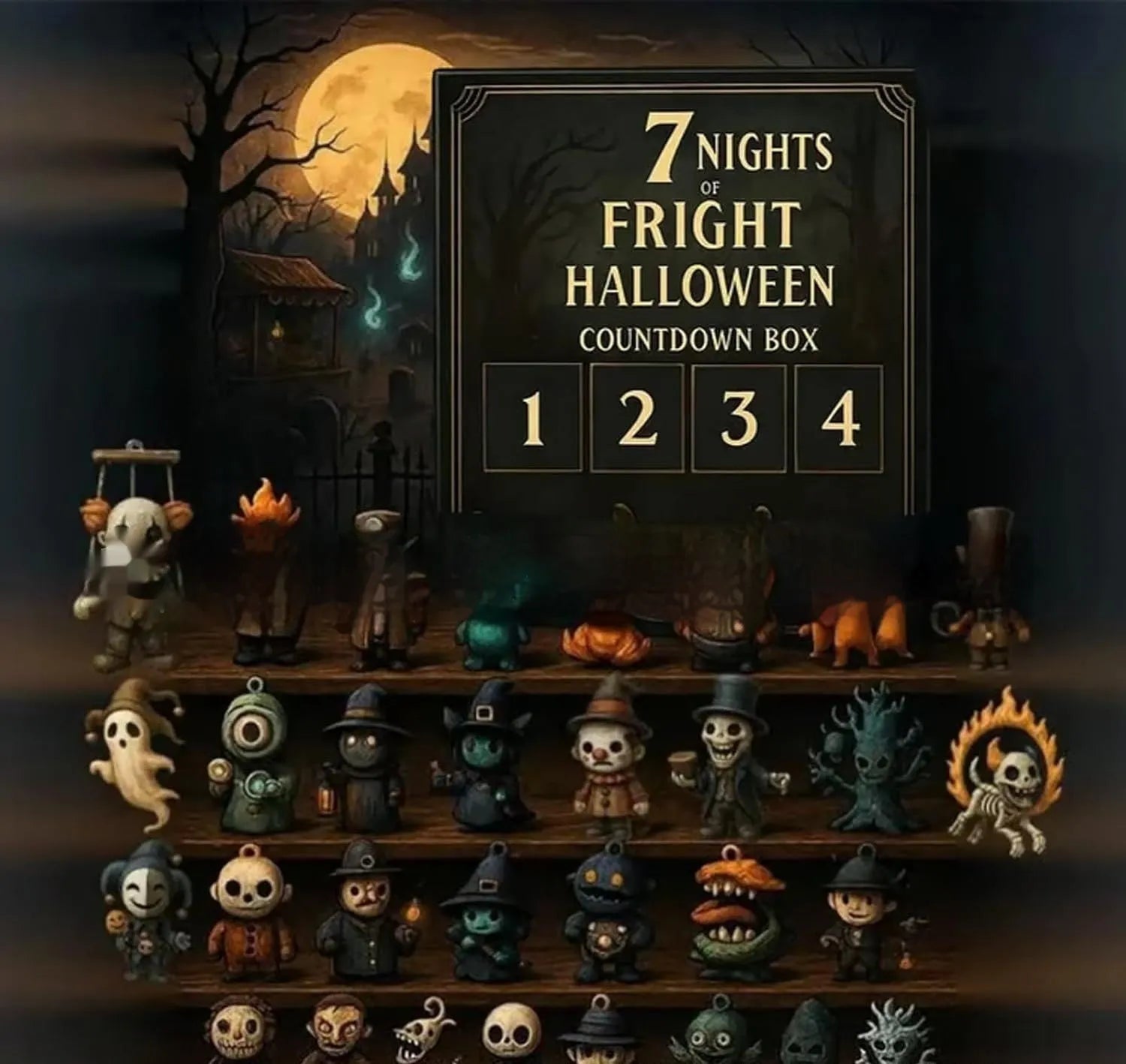 Halloween horror advent countdown box with plastic and resin construction showing blind box packaging