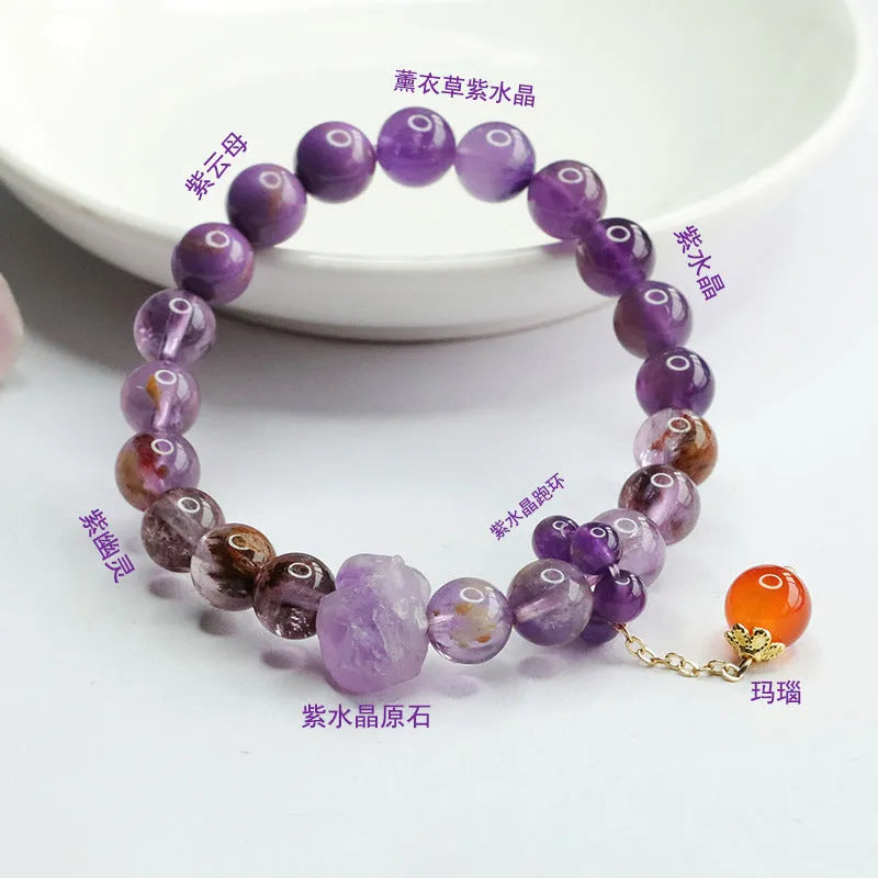 Natural nine purple amethyst bracelet with red agate accents showing 8mm beads