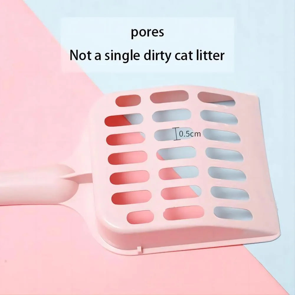 Plastic cat litter scoop in blue, green or pink, showing 20cm length.