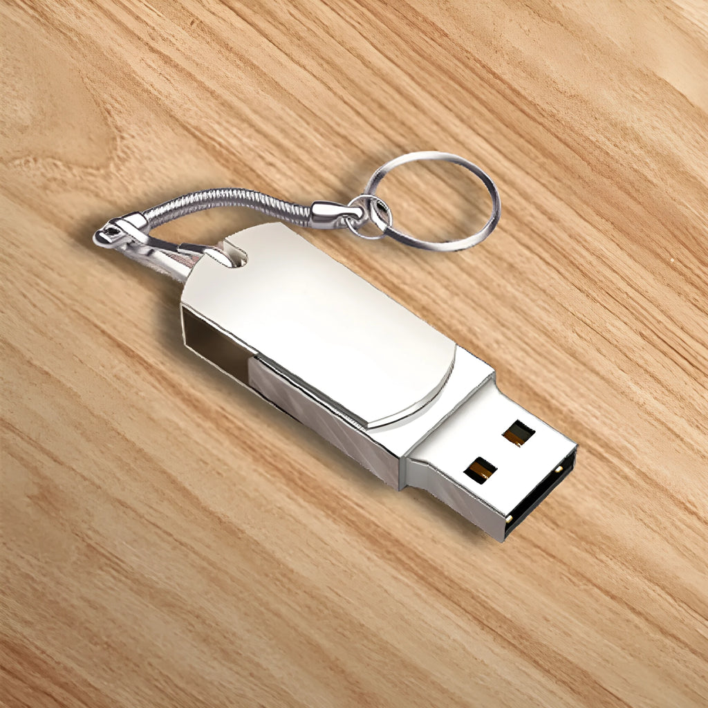 White metal rotating USB flash drive showing compact 34mm size with connector exposed