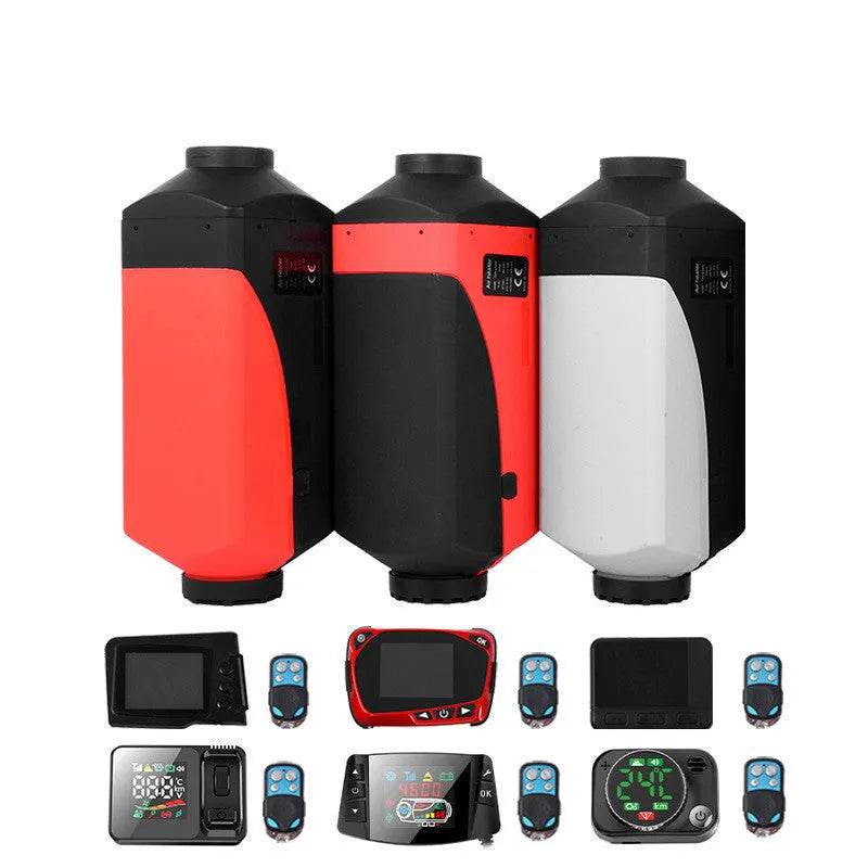 Red and black diesel air heater unit with fuel tank and installation components for vehicles