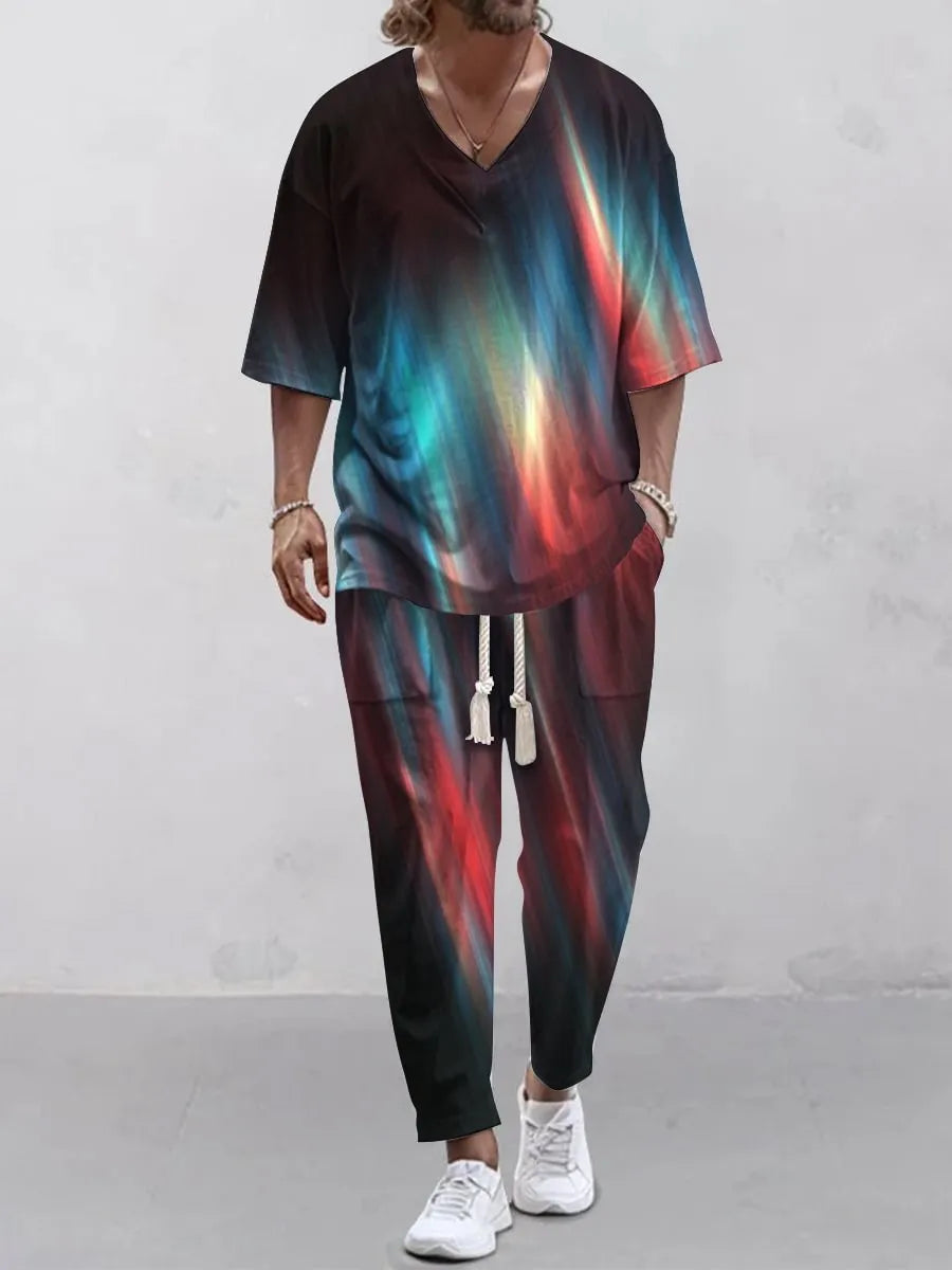 Cropped sleeve V-neck jacket and matching trousers in polyester fabric
