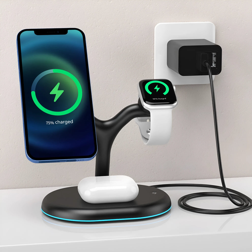 Black minimalist three-in-one magnetic wireless fast charging pad on a wooden desk.