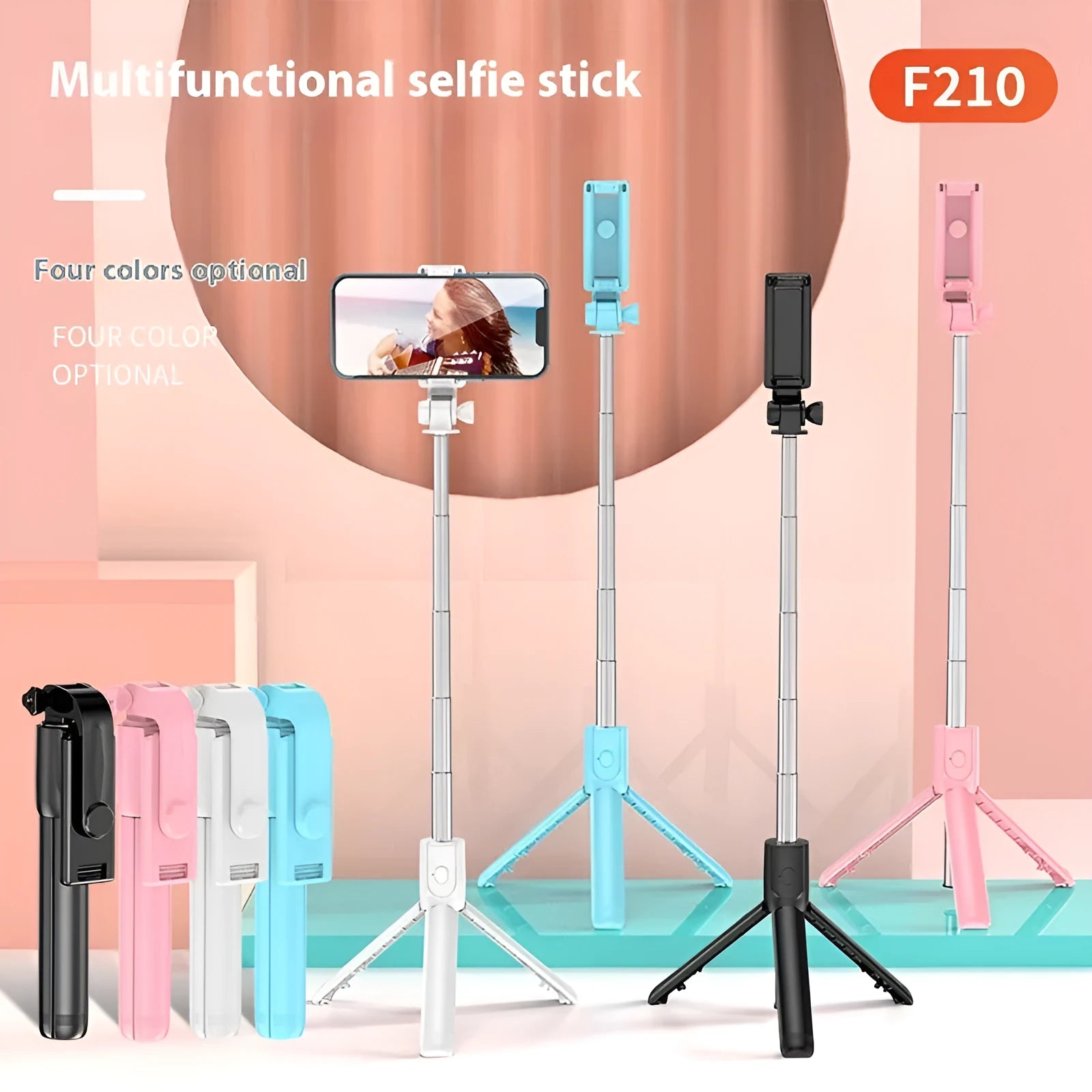 Bluetooth selfie stick tripod with LED light extended to 70cm on surface, four colour options