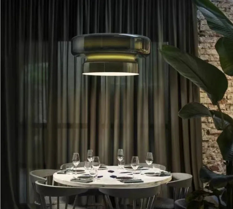 Modern square glass chandelier ceiling light with colour filters in milky white, purple, green, and brown.
