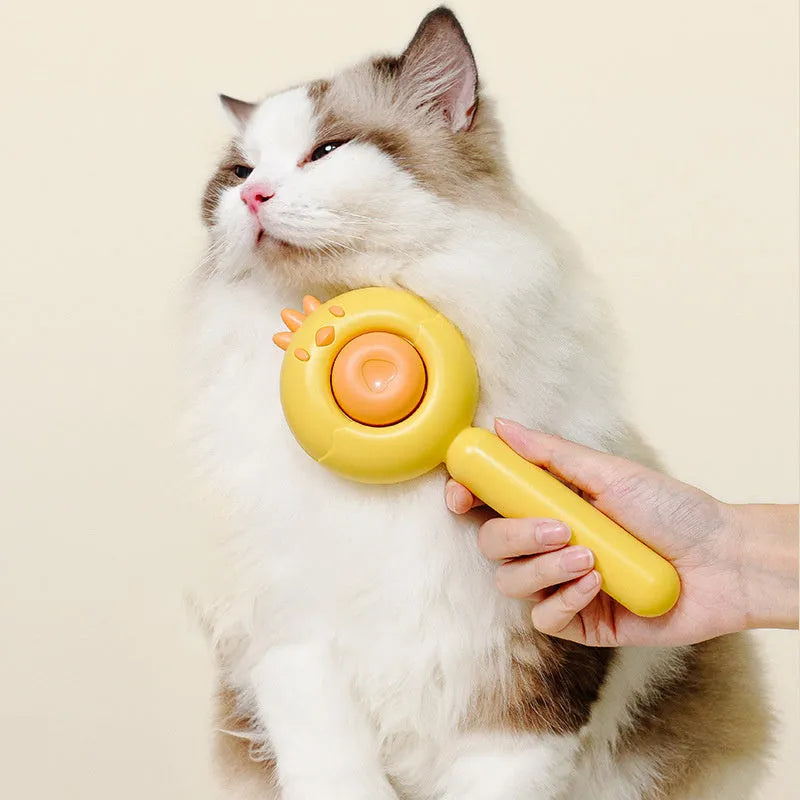 Purple self-cleaning pet grooming brush with stainless steel bristles