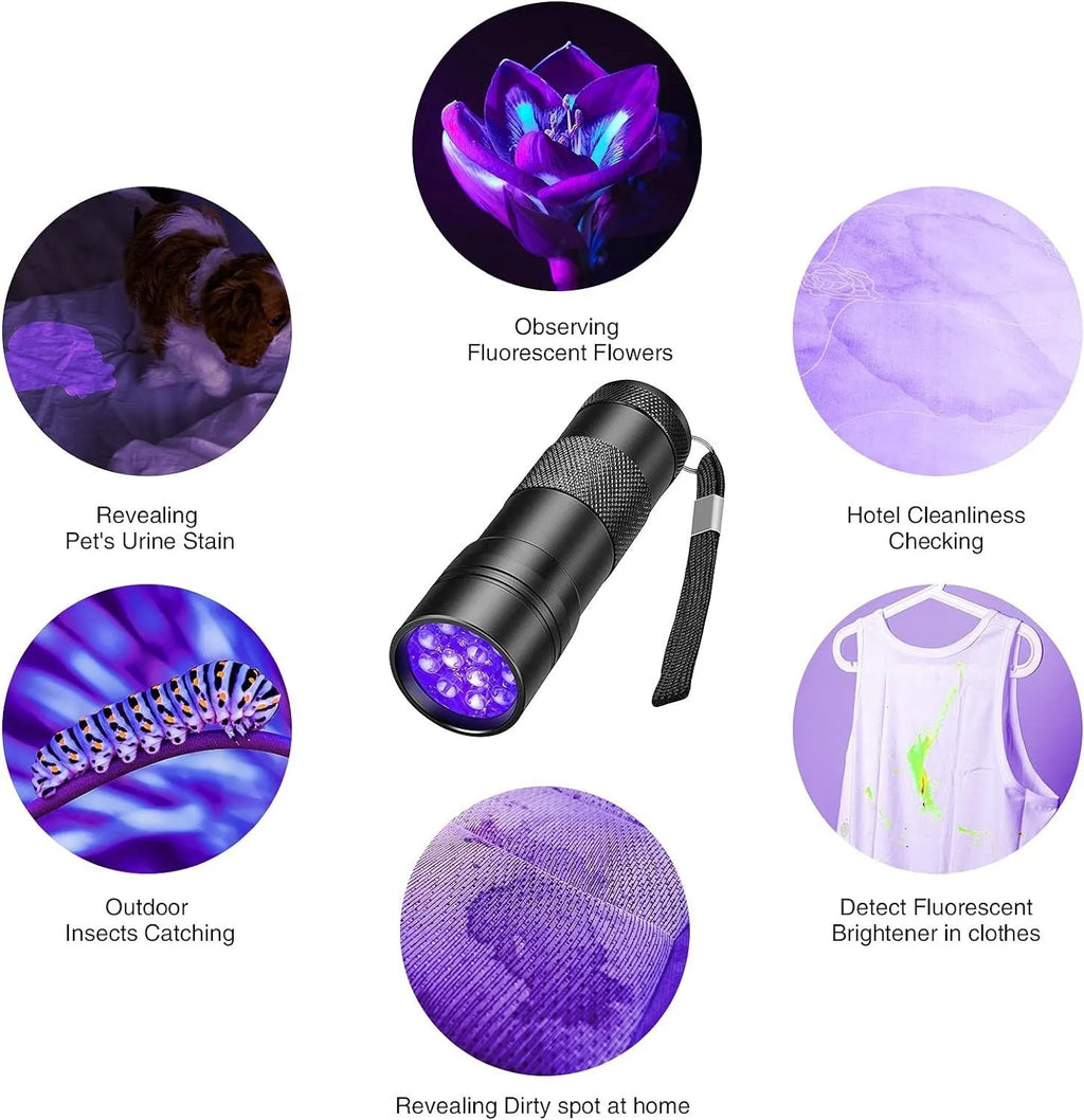 Compact black or silver aluminium alloy UV flashlight for detecting stains and pests.