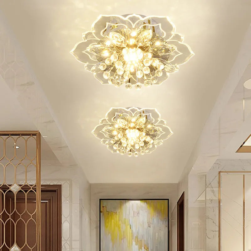 Modern crystal ceiling lamp with flower-shaped shade and LED lighting