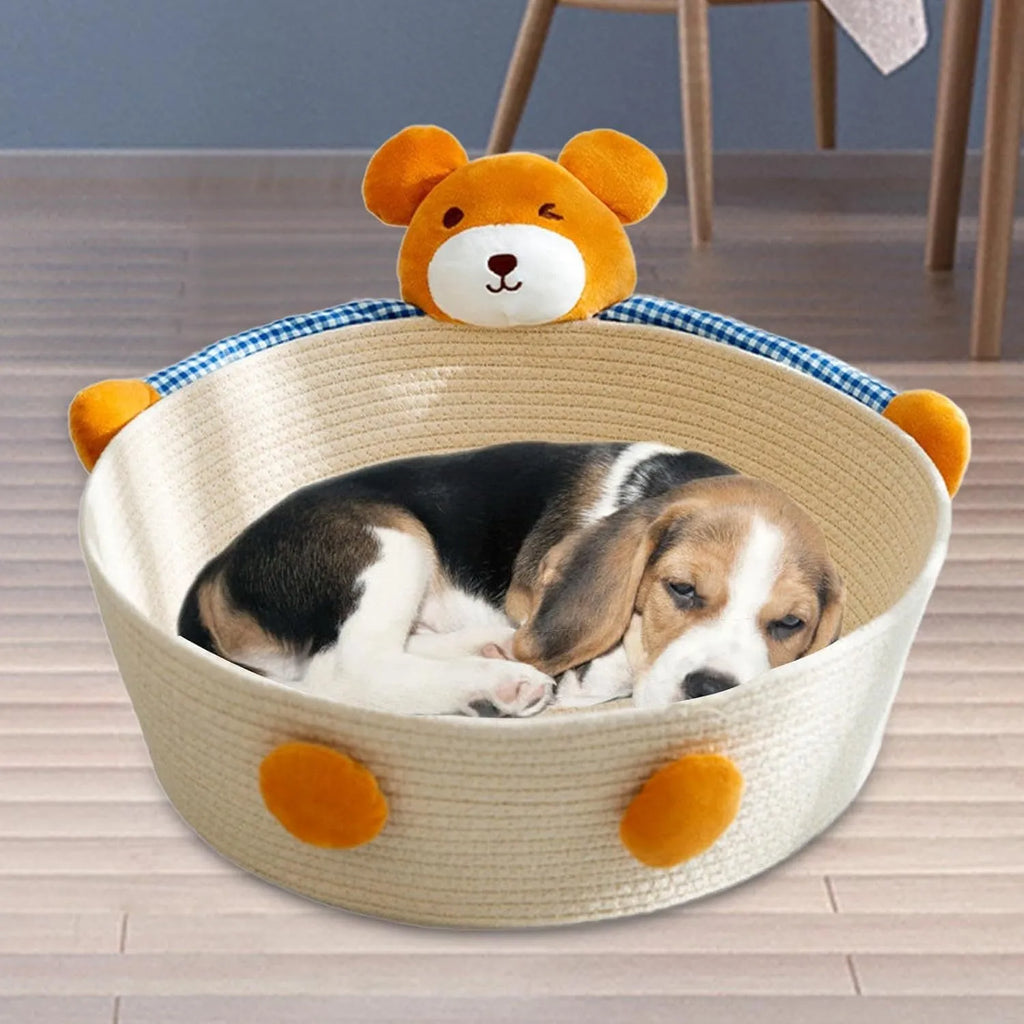 Woven cotton rope cat bed with scratch board in basket design for indoor pets