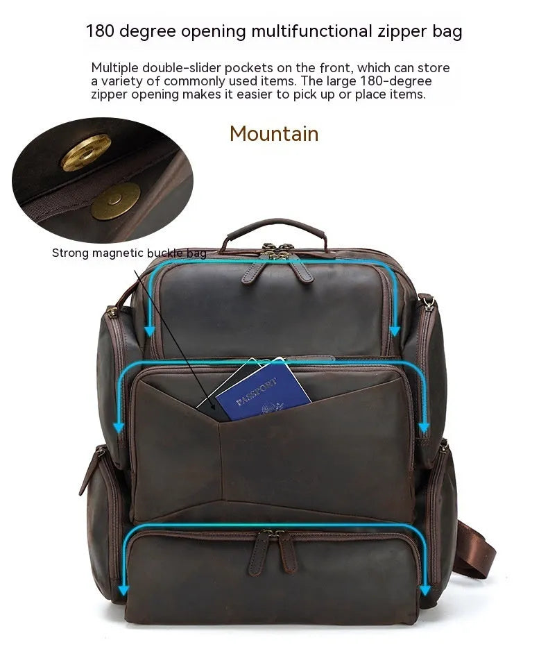 Dark brown leather backpack with 17-inch laptop compartment and multiple internal pockets