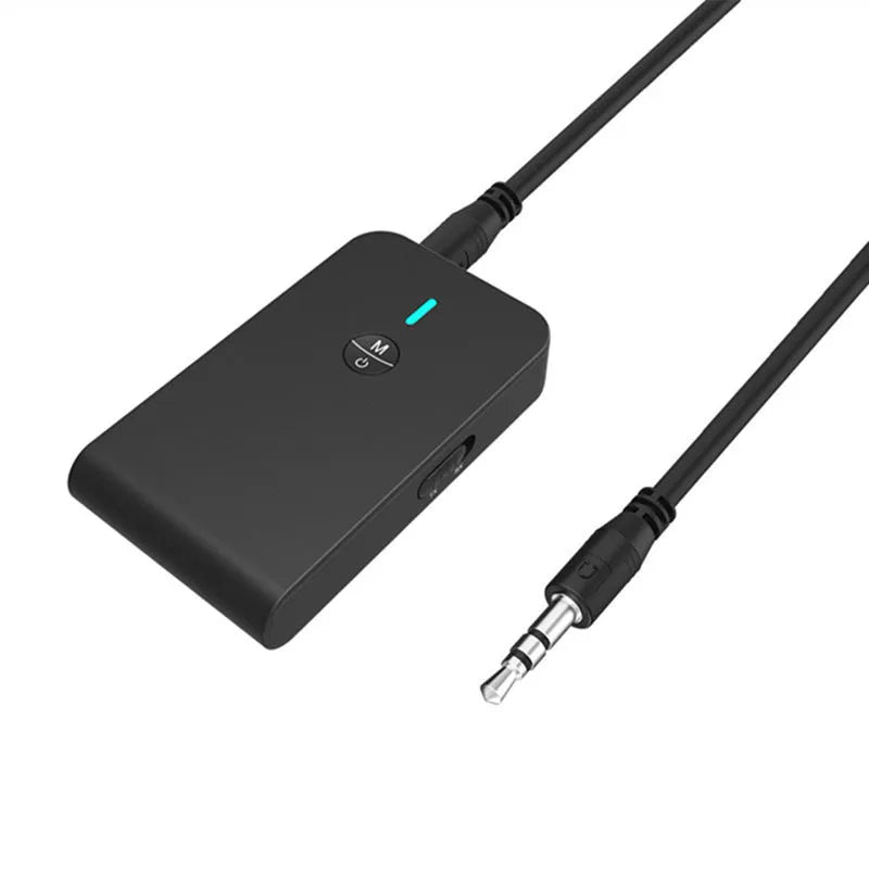 Black Bluetooth audio adapter with 3.5mm AUX cable and external power supply