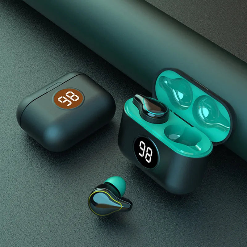 Black and Blue in-ear Bluetooth stereo headset with earplug-style design.
