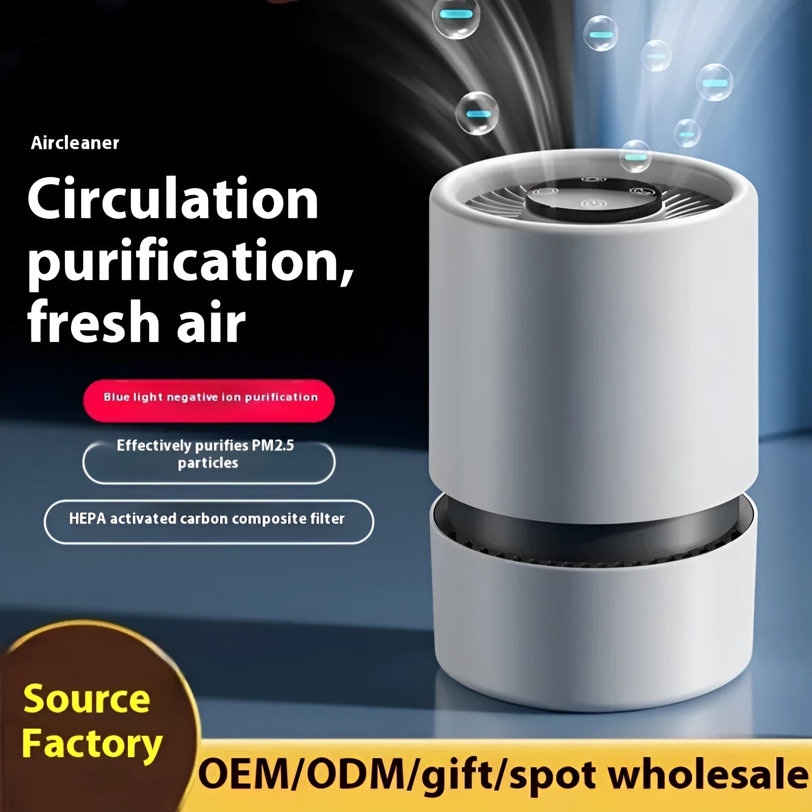 White desktop air purifier unit with USB cable for small room odour and smoke removal