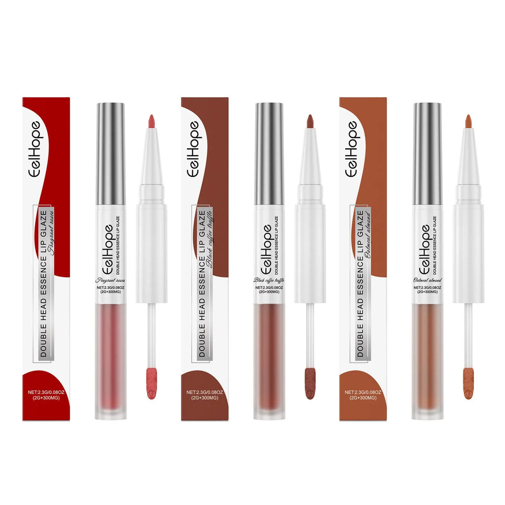 Double-headed lip liner and lip lacquer pen with included lipstick in case.