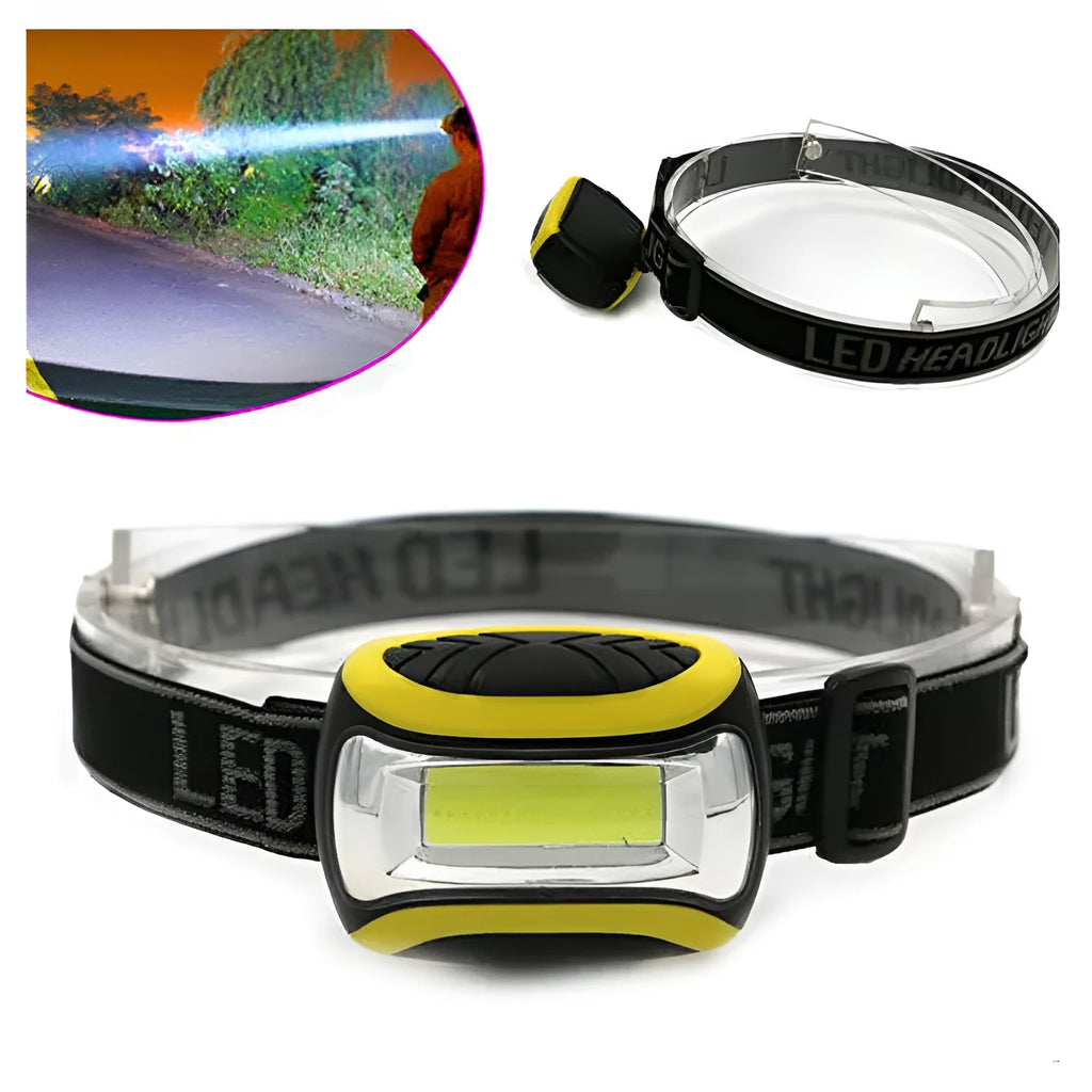 Yellow plastic three-speed COB LED headlamp for outdoor activities and work.