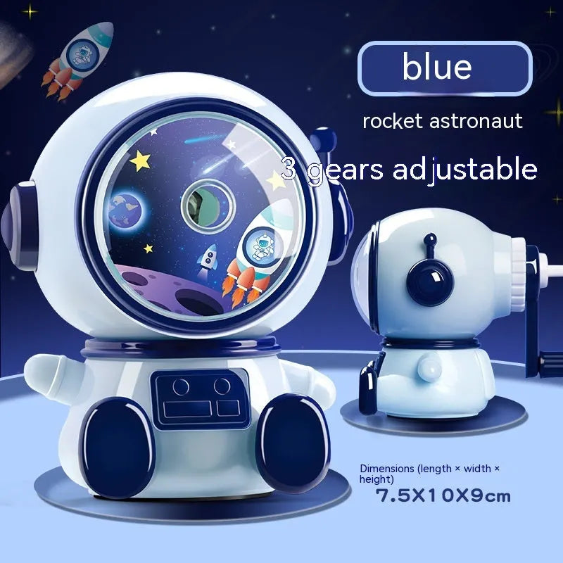 Cartoon astronaut pencil sharpener in blue or pink colours with manual operation