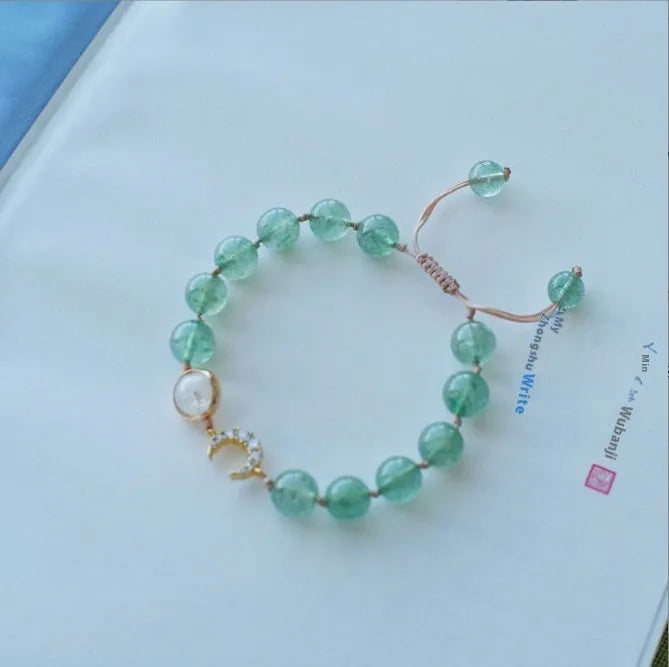 Handcrafted strawberry quartz crystal bracelet with green strawberry quartz moon charm for women