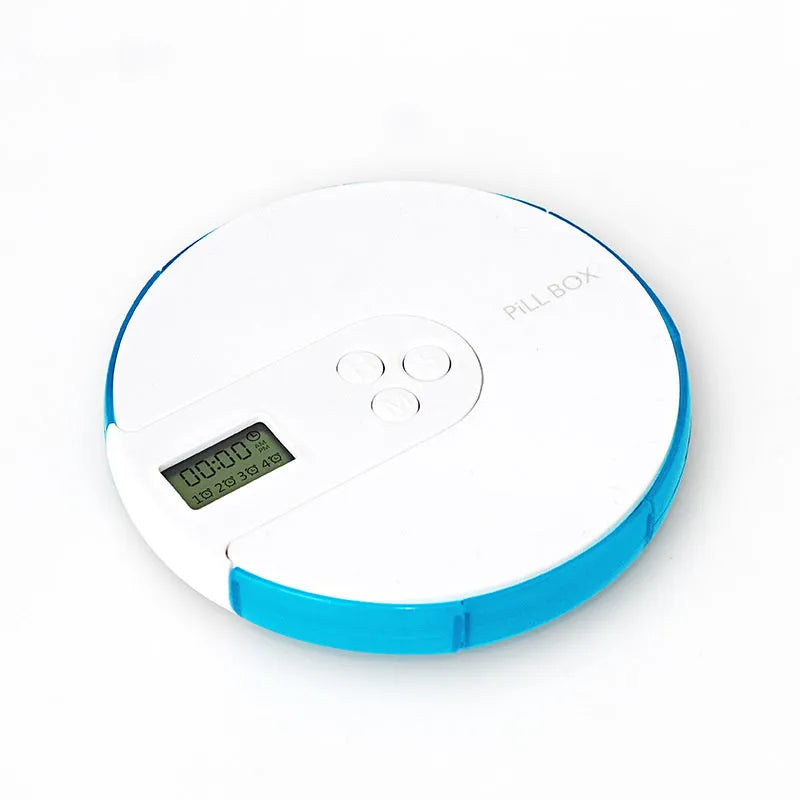 Seven-compartment electronic pill dispenser with alarm clock display, shown in blue.