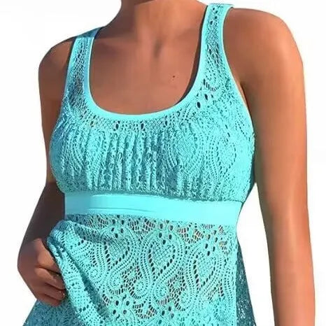 Women's solid colour nylon two-piece swimwear set with conservative split design for swimming sports