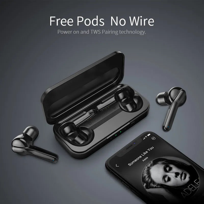 Black and white TWS wireless Bluetooth 5.0 in-ear headphones with IPX5 rating.
