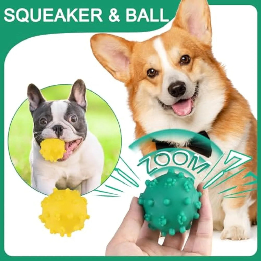 Bright blue, green, pink, and yellow spiked dog balls with paw print dimples on a white background.