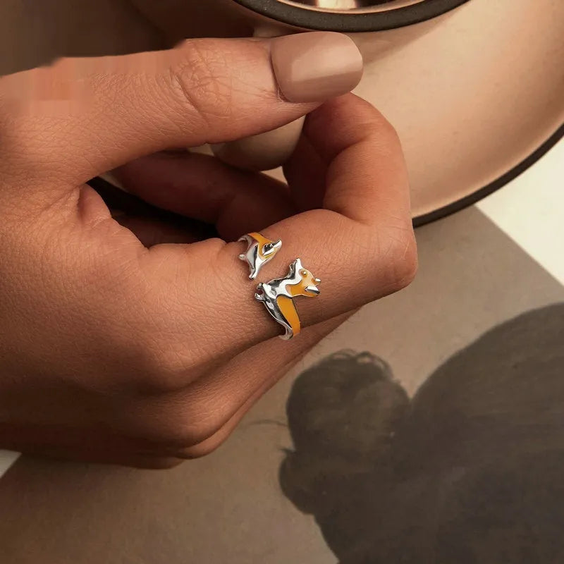 Silver corgi pet ring with cartoon design and electroplated SCR1014-E finish
