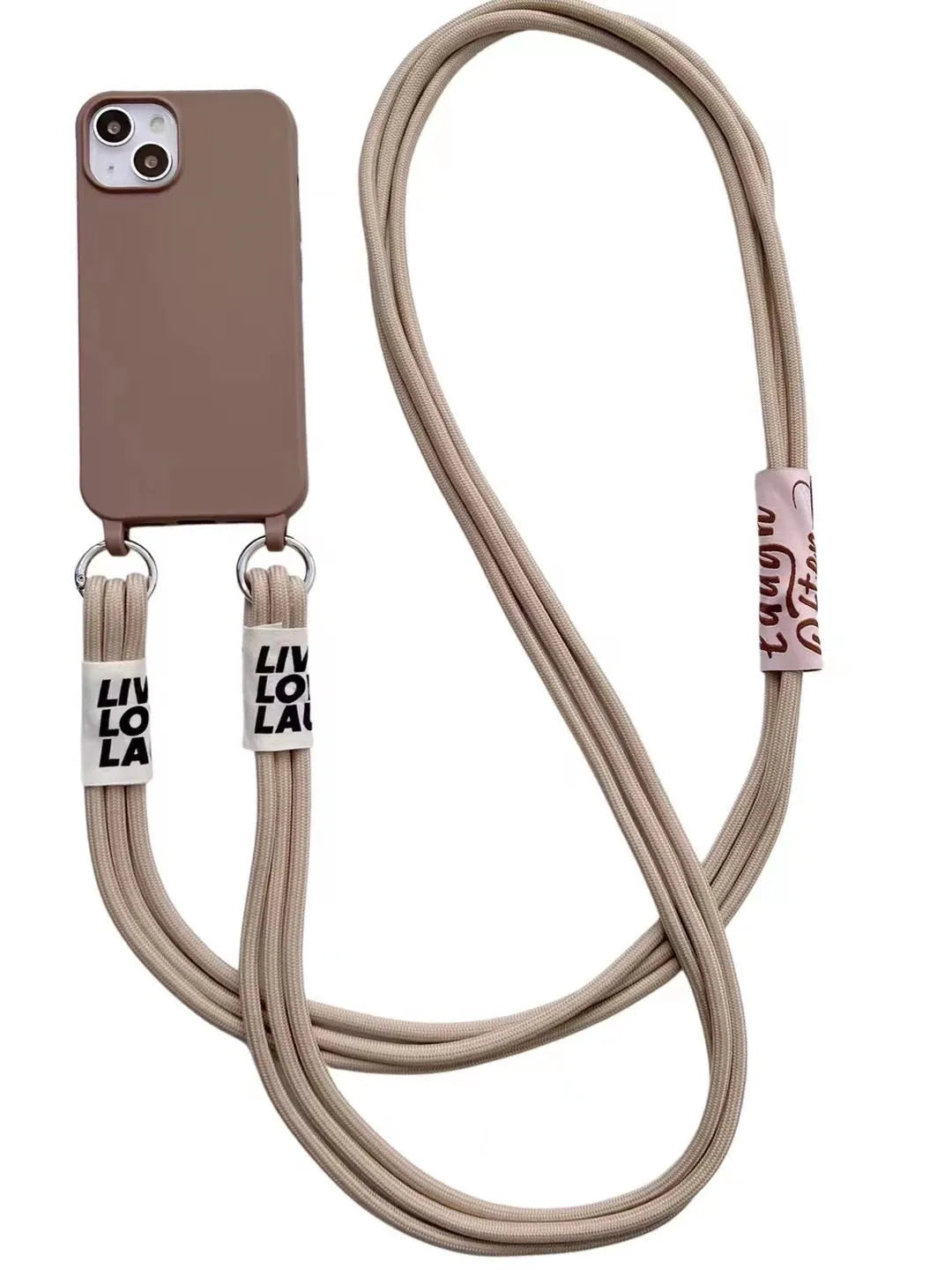 Diagonal lanyard silicone phone case in brown with grey strap for iPhone models