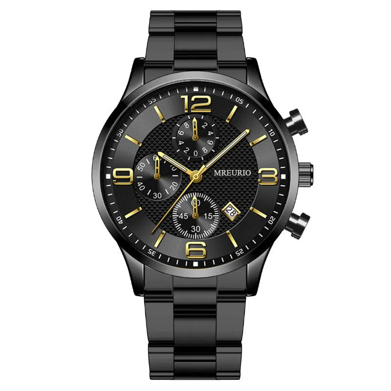 Fashion Numbers Three-eye Calendar Men's Watch with black dial and silver case, 9.5mm thickness