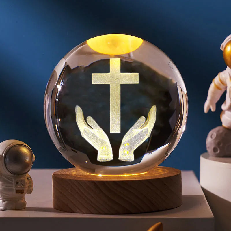 White crystal ball church desk ornament lamp with solid wood warm light base