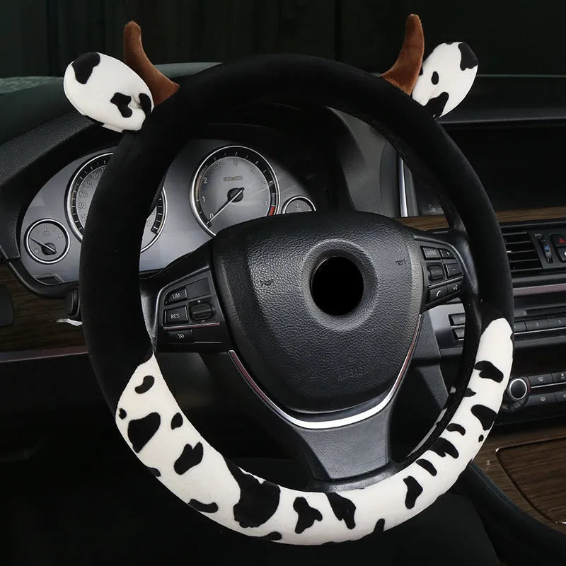 Short plush car steering wheel cover showing protective handle design in black colour