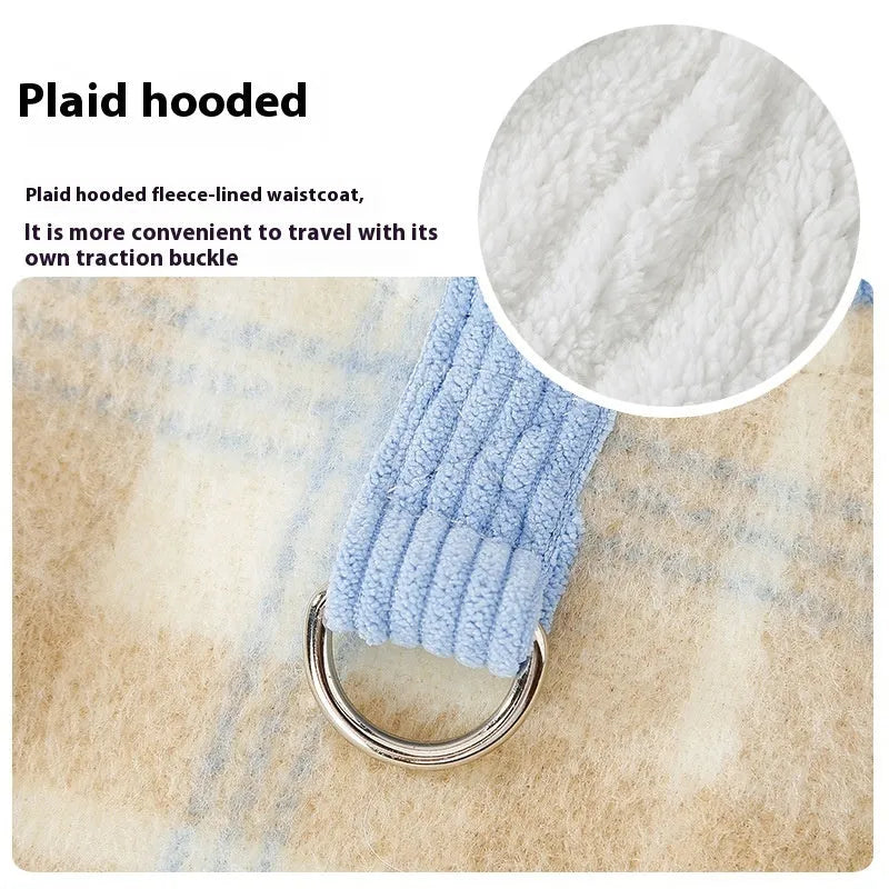 Blue corduroy dog hooded vest with chessboard grid pattern and adjustable drawstring