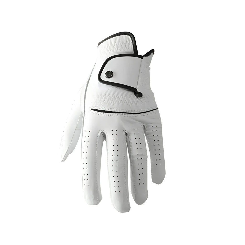 Men's white half sheepskin golf glove showing breathable fabric construction and non-slip surface