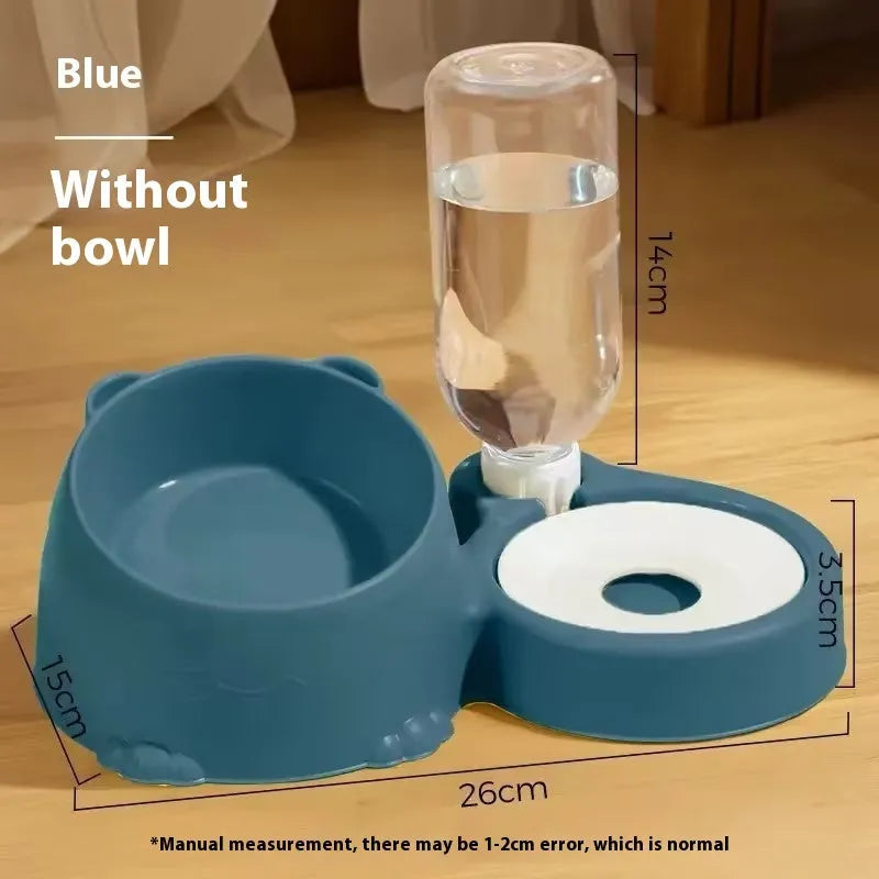 Double bowl automatic drinking pet feeder for cats with stainless steel ceramic reservoir and plastic base in assorted colours.