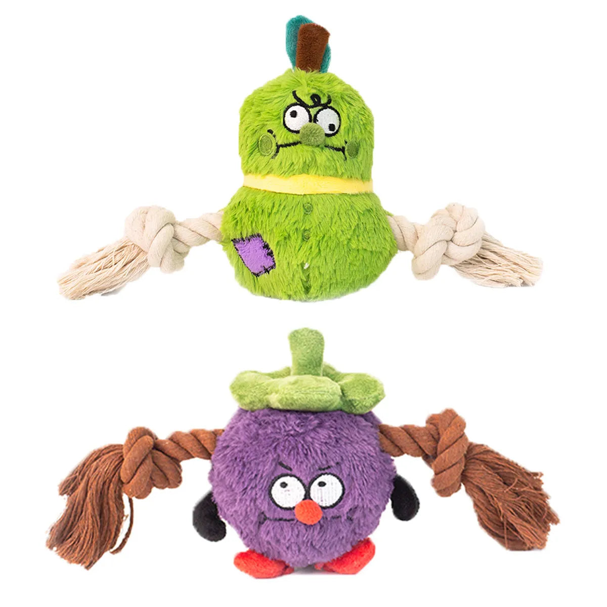 Green and purple interactive dog toy with plush fabric and rope knot construction for tug-of-war games