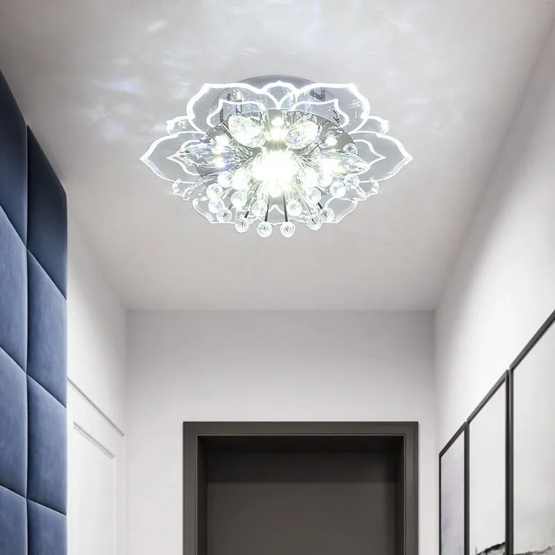 Modern crystal ceiling lamp with flower-shaped shade and LED lighting