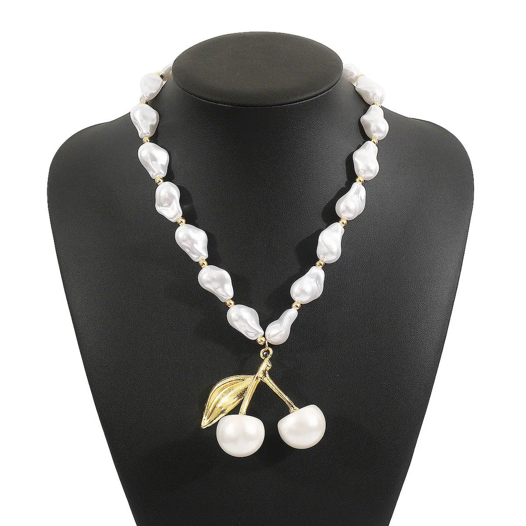 Creative pearl cherry fruit necklace for women with adjustable alloy chain in gold or white K finish