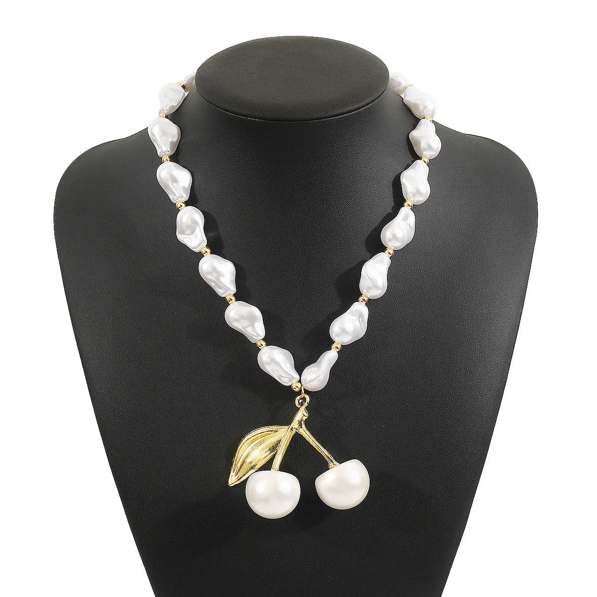 Creative pearl cherry fruit necklace for women with adjustable alloy chain in gold or white K finish