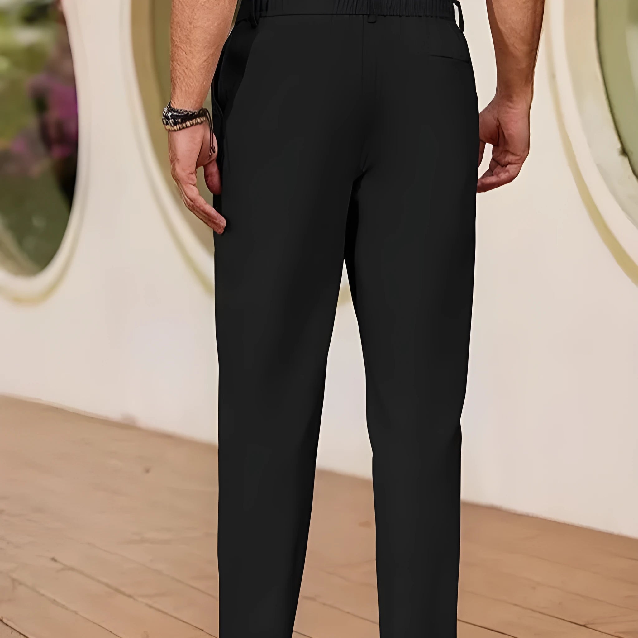 Men's casual breathable drawstring polyester straight pants in black with slight stretch